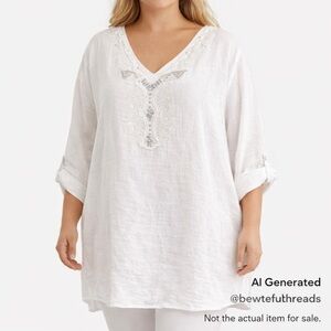 Plus Size 1X Italian Linen White Boho Tunic Resort Top